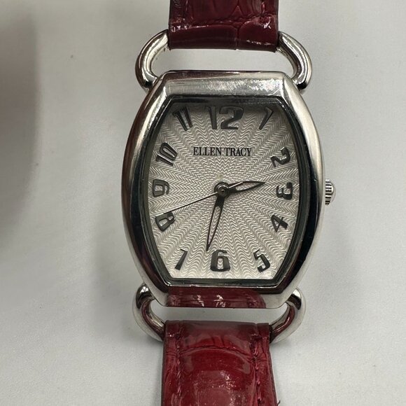 3/$30 Ellen Tracy Watch Women Silver Tone Maroon Patent Leather Band 9" - Picture 1 of 12